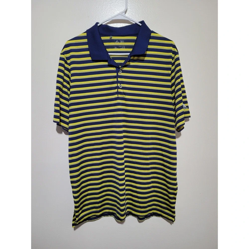 Adidas Golf Polo Shirt Mens XL‎ Navy Blue Yellow Striped Short Sleeve